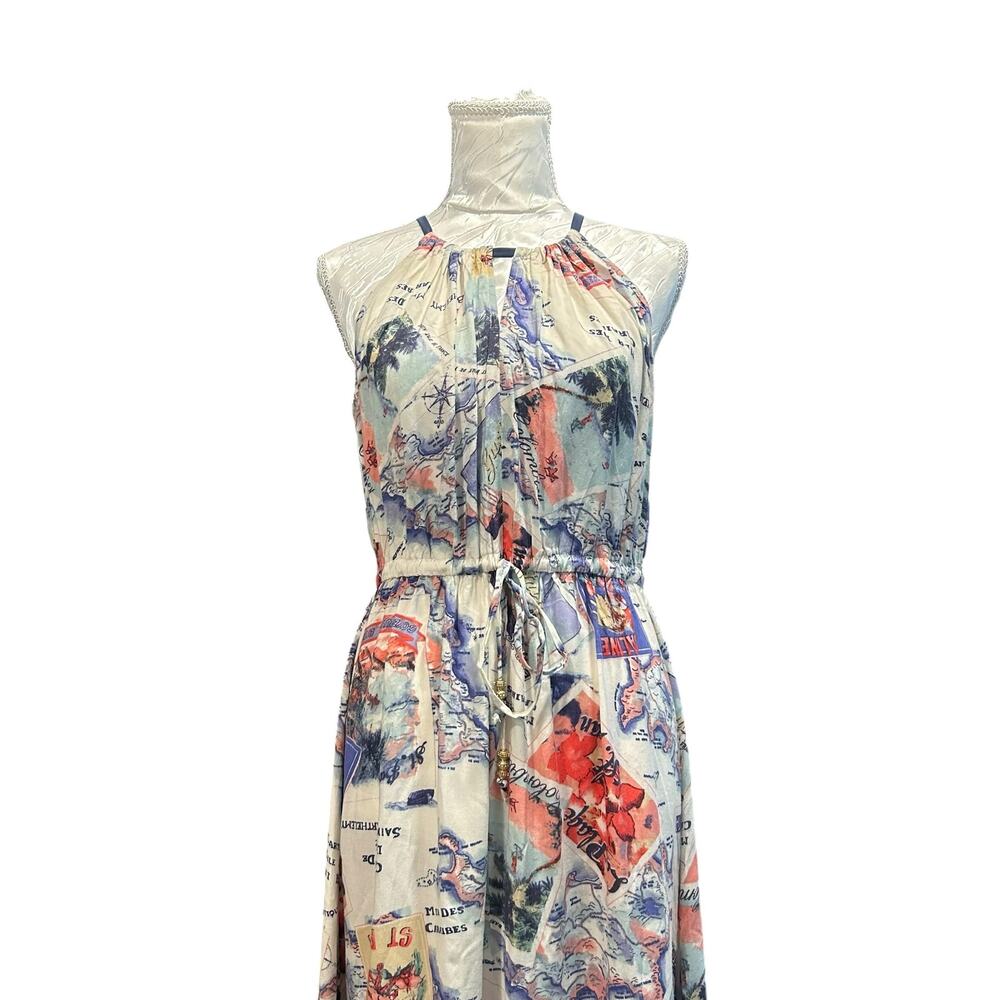 Postcard Print Halter Maxi Dress Sheer Chiffon Hem Tie Neck Womens Small - Picture 7 of 16